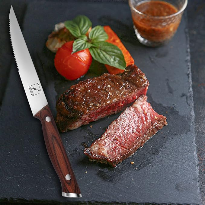 imarku 9" Steak Knife Set of 6, Japanese High Carbon Stainless Steel, Serrated Edge Glides Through Steak, No Sharpening, For 6 Guests, Complements Any Table