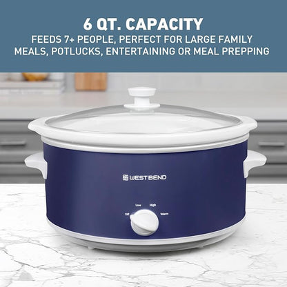 West Bend Slow Cooker 6-Quart Manual Crockery Style with Dishwasher Safe Oval Ceramic Crockpot and Glass Lid Two Temperature Settings Plus Keep Warm, 330-Watts, Navy