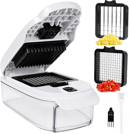 2-in-1 Vegetable Dicer, Onion Chopper with 6.7mm and 13.5mm Dicing Blades, 1.5L Food Prep Container for Salad, Potato, Tomato, Home Kitchen Meal Prep (White & Black)
