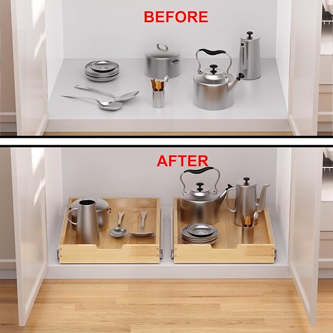 Sikarou Wood Pull Out Cabinet Organizer 14" W x 21" D, Heavy-Duty Sliding Drawers for Inside Cabinets Storage and Organization for Kitchen, Pantry, Bathroom
