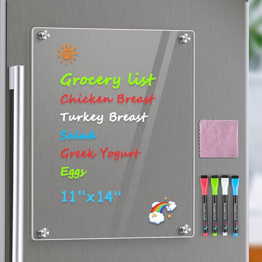 MaxGear 11"x14" Acrylic Magnetic Whiteboard for Fridge, Small Clear Refrigerator Dry Erase Board with 4 Markers and 1 Cloth, Smooth Writing and Easy Cleaning Blank Memo Grocery List for Home Planner