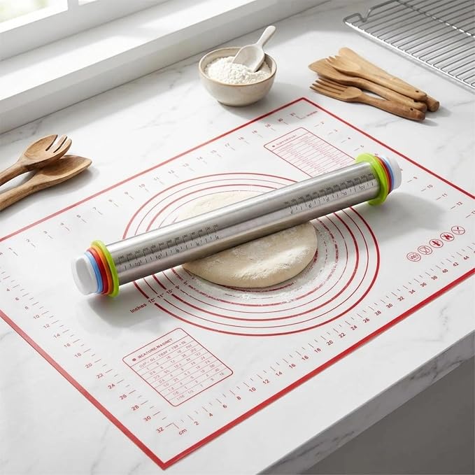 Adjustable Stainless Steel Rolling Pin & Non-Slip Silicone Baking Mat Set with Thickness Rings, Dough Roller with Guides & Pastry Mat for Fondant,Pizza, Cookies, Pies,Baking Supplies & Kitchen Gadgets