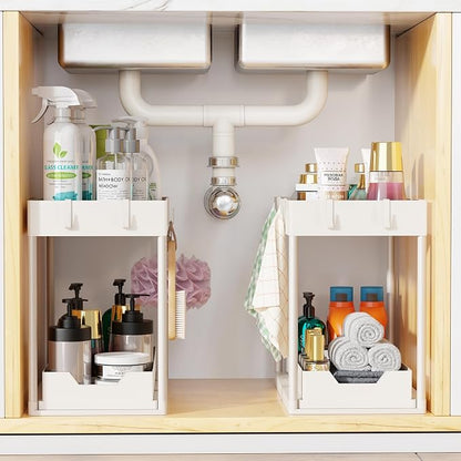 Simple Trending Under Sink Organizer 2 Pack, Sink Pull-Out Sliding Storage Cabinet, 2-Tier Under Shelf Organizer for Kitchen Bathroom, White