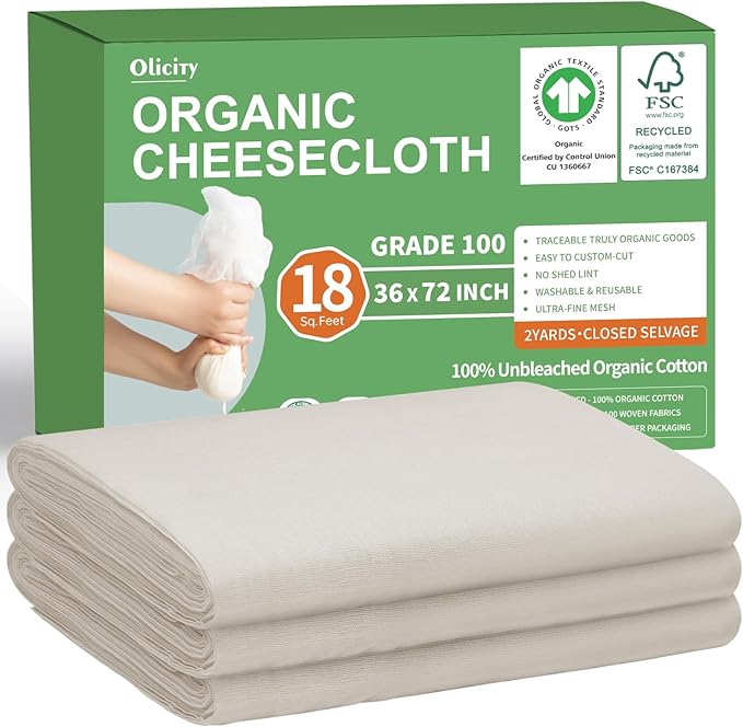 Organic Cheese Cloths, GOTS Certified, Grade 100, 18 Sq Feet,Reusable Cheese Cloth with Closed Edges Fabric Fine Mesh Cloth,Unbleached Cotton Muslin Cheesecloth for Straining, Juicing,Crafts - 2 Yards