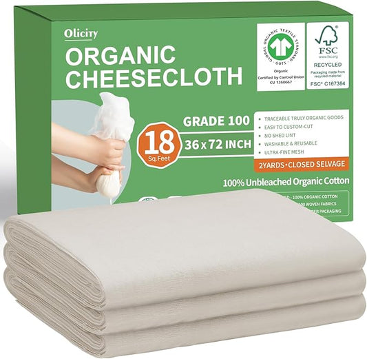 Organic Cheese Cloths, GOTS Certified, Grade 100, 18 Sq Feet,Reusable Cheese Cloth with Closed Edges Fabric Fine Mesh Cloth,Unbleached Cotton Muslin Cheesecloth for Straining, Juicing,Crafts - 2 Yards