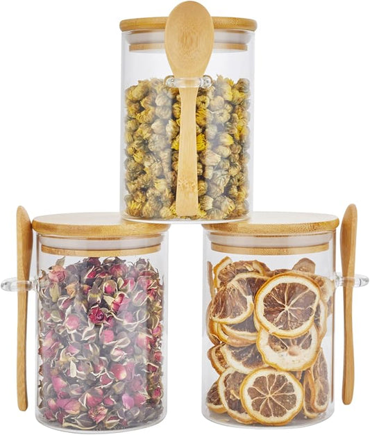 3 Pack Glass Containers Jars with Bamboo Airtight Lid and Spoon, 15Oz Glass Food Storage Canisters, Kitchen Organization Jar Set for Coffee Beans, Tea, Flour, Salt, Nuts, Candy, Cookie and More