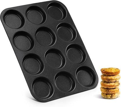 E-far 12-Cavity Muffin Top Pan, 3 Inch Nonstick Shallow Cupcake Pan for Yorkshire Pudding, Eggs, Whoopie Pie, Cornbread, Easy Release & Clean, Standard Size