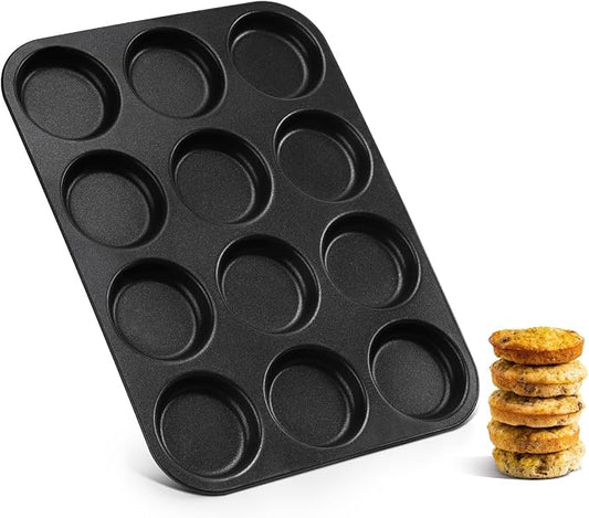 E-far 12-Cavity Muffin Top Pan, 3 Inch Nonstick Shallow Cupcake Pan for Yorkshire Pudding, Eggs, Whoopie Pie, Cornbread, Easy Release & Clean, Standard Size