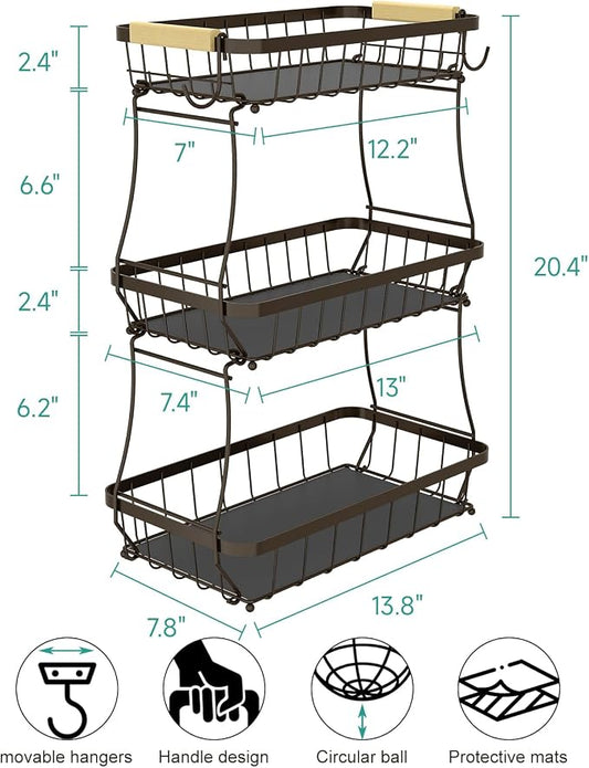 Sevenblue 2 Tier Large Fruit Basket for Kitchen Counter with 2 Mobile Banana Hangers, 2026 Pro Detachable Metal Fruit Bowl with Wooden Handle (Brown, 3 Tier)