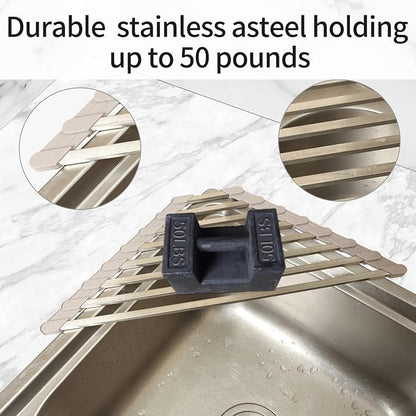 Triangle Dish Drying Rack for Sink Corner Roll Up Dish Drying Rack Folding Stainless Steel Multipurpose Over The Sink Corner Dish Drainer Mat for Kitchen (Hard and Stable Grey)