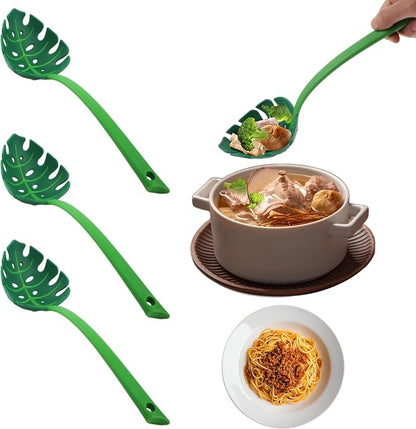 Green Leaf Kitchen Spoon, Turtle Back Design for Noodles and Vegetables, Nonstick Cooking Utensil with Drainage Hole, 3 Pack