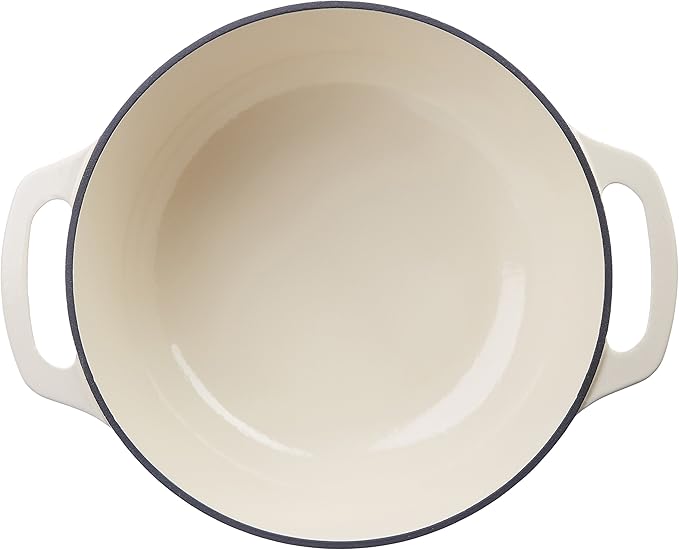 Amazon Basics Enameled Cast Iron Dutch Oven Pot with Lid, Round, Dual Handles, Heavy-Duty, Oven Safe for Stews, Roasting, Baking, 4.3-Quart, White