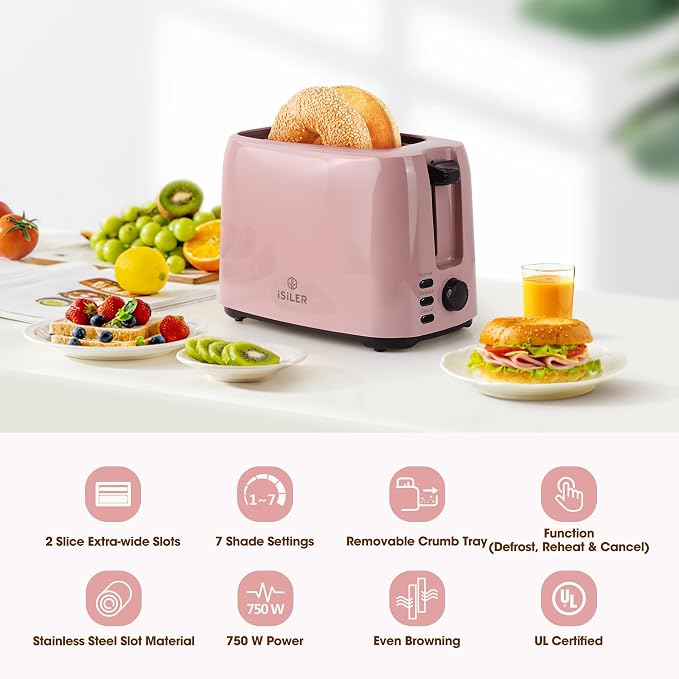 iSiLER 2 Slice Toaster, 1.3 Inches Wide Slot Bagel Toaster with 7 Shade Settings and Double Side Baking, Removable Crumb Tray, Defrost Cancel Function Pink | 1.3in Extra Wide Slots, 750W Even Double-Side Toasting, Defrost Reheat Cancel Modes, Removable...