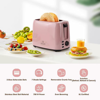 iSiLER 2 Slice Toaster, 1.3 Inches Wide Slot Bagel Toaster with 7 Shade Settings and Double Side Baking, Removable Crumb Tray, Defrost Cancel Function Pink | 1.3in Extra Wide Slots, 750W Even Double-Side Toasting, Defrost Reheat Cancel Modes, Removable...