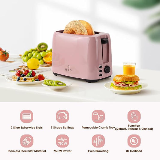 iSiLER 2 Slice Toaster, 1.3 Inches Wide Slot Bagel Toaster with 7 Shade Settings and Double Side Baking, Removable Crumb Tray, Defrost Cancel Function Pink | 1.3in Extra Wide Slots, 750W Even Double-Side Toasting, Defrost Reheat Cancel Modes, Removable...
