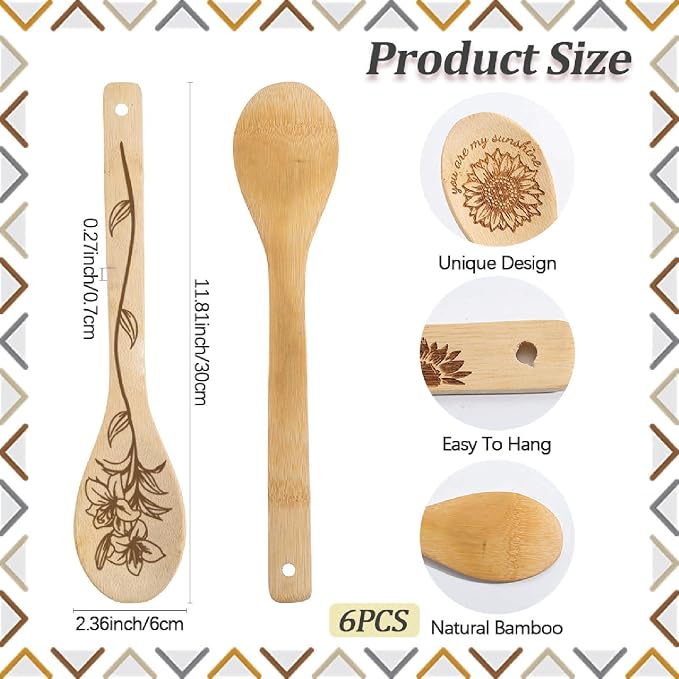6Pcs 6 Styles Bamboo Cooking Utensils Floral Wooden Spoons 2.4 x 11.8 Inch Durable Kitchen Wood Spoons Set for Men Women Friends Housewarming Birthday Gift Wedding Apartment Essentials