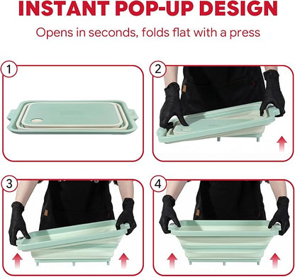 Feasto Collapsible BBQ Prep Tubs with Cutting Board, 9-IN-1, 2 Tubs Portable Grill Prep Station with Side Brackets, Lids, Knives, Meat Claws and Drain Rack, Space-Saving for Kitchen & Camping, Green