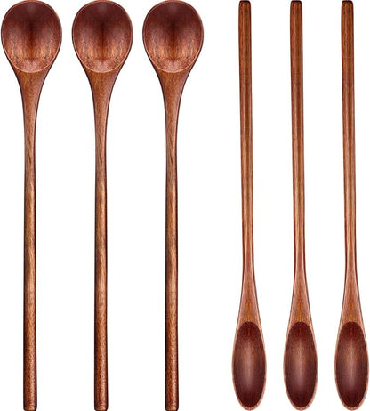 Patelai 6 Pieces Wooden Coffee Spoons Long Handle Mixing Wooden Spoon Handmade Stirring Teaspoon for Kitchen Stirring