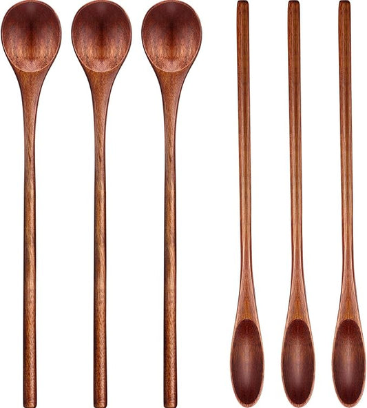 Patelai 6 Pieces Wooden Coffee Spoons Long Handle Mixing Wooden Spoon Handmade Stirring Teaspoon for Kitchen Stirring