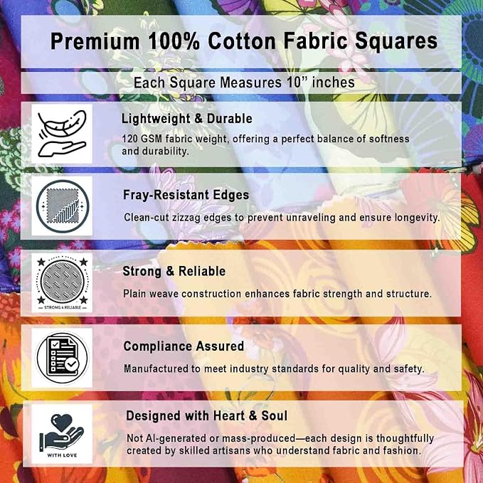 Soimoi 40 Pcs Cotton Fabric Squares Bundles Charm Packs for Quilting, Fat Quarter Layer Cakes, Precuts Quilt Squares 10 x 10 inches, DIY Fabric Bundle - Flora Mosaic