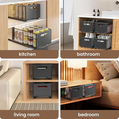 2 Pack Pull Out Cabinet Organizer, Heavy Duty Slide Out Drawer with No Drill Adhesive or Screw Mount, Carbon Steel Roll Out Shelf for Kitchen Cabinet, Pantry & Bathroom Storage