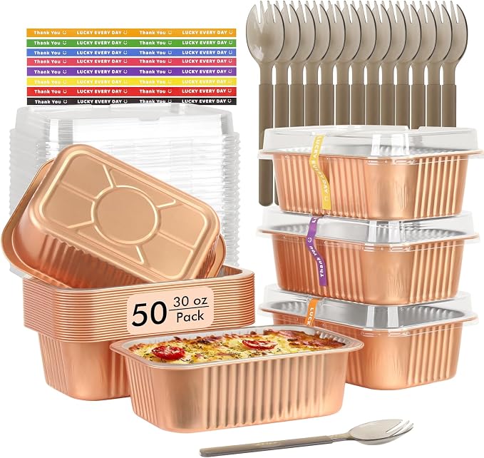 LNYZQUS 50 Pack 7” x 5” Small Aluminum Pans with Lids, 30oz Heavy Duty Foil Baking Tins Large To Go Containers,Individual Leftover Containers Baked Food Holders Boxes for Oven-Champagne