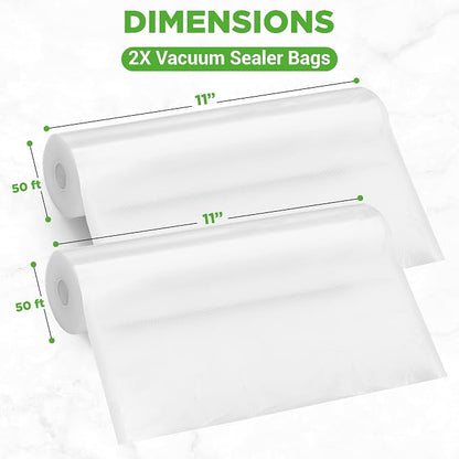 NutriChef Vacuum Sealer Bags 11x50 Rolls 2 pack for Food Saver, Seal a Meal, NutriChef, Weston. Commercial Grade, BPA Free, Heavy Duty, Great for vac storage, Meal Prep or Sous Vide