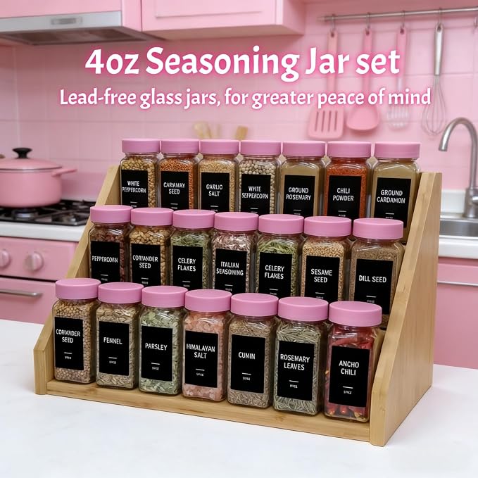 Pink Spice Jars with Labels - 24 Glass Spice with Shaker Lids & Airtight Plastic Caps - 4oz Complete Seasoning Containers Organizer Set for Cabinet, Drawer & Rack (Deeppink)