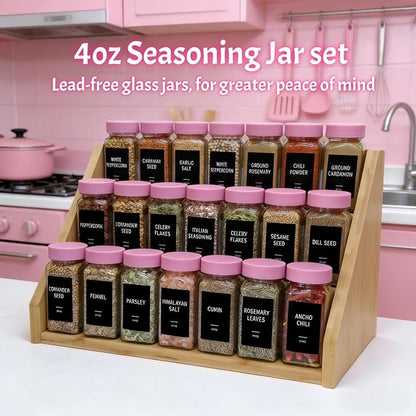 Pink Spice Jars with Labels - 24 Glass Spice with Shaker Lids & Airtight Plastic Caps - 4oz Complete Seasoning Containers Organizer Set for Cabinet, Drawer & Rack (Deeppink)