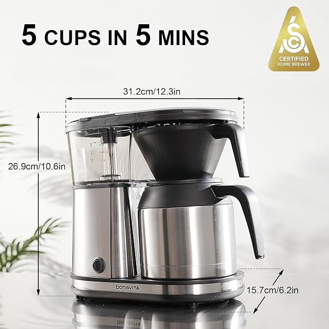 Bonavita 5 Cup Drip Coffee Maker Machine, One-Touch Pour Over, Auto Pause Brewing with Stainless Steel Double Wall Thermal Carafe, SCA Certified, Dishwasher Safe, BV1500TS
