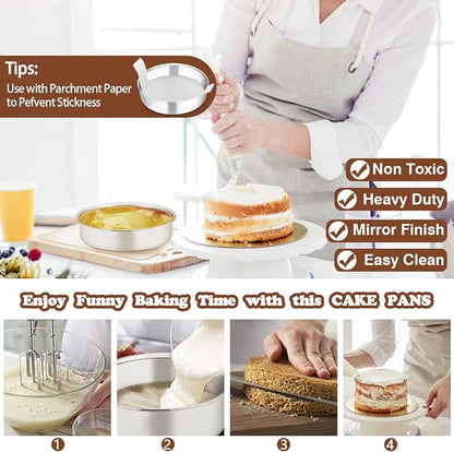 P&P CHEF Cake Pans Sets for Baking, 4" + 4" + 6" + 6" 4 Piece Stainless Steel Round Cake Pans Tin, Oven/Pot/Dishwasher Safe, Combination of Different Sizes, Leak-proof & Easy Clean