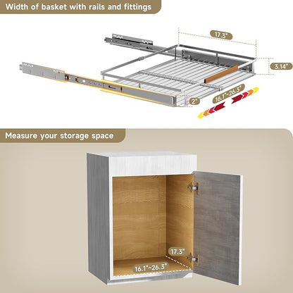 2 Pack Expandable Pull Out Cabinet Organizer，Side Mounting 16.3~26.3"x17.3"Cabinet Pull Out Shelves, Expandable Slide Out Spice Rack for Kitchen Bathroom Office