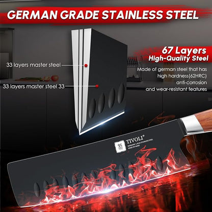 TIVOLI Chef Knife Set, Professional 5PC Knife Set, German High Carbon Stainless Steel Ultra Sharp Kitchen Knives with Full Tang Ergonomic Wood Handle for for Cooking - Gifts for Men and Women