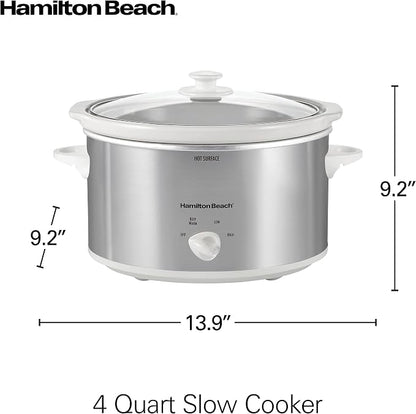 Hamilton Beach 4-Quart Slow Cooker with 3 Cooking Settings, Dishwasher-Safe Stoneware Crock & Glass Lid, Stainless Steel (33140G)