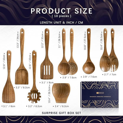 Wooden Spoons for Cooking, Nonstick Cooking Utensil Set with 9 Piece Acacia Wooden Spatulas and Spoons, as well as a Extra Whole Wood Spoon Rest, Terrific for Everyday Kitchen Tasks
