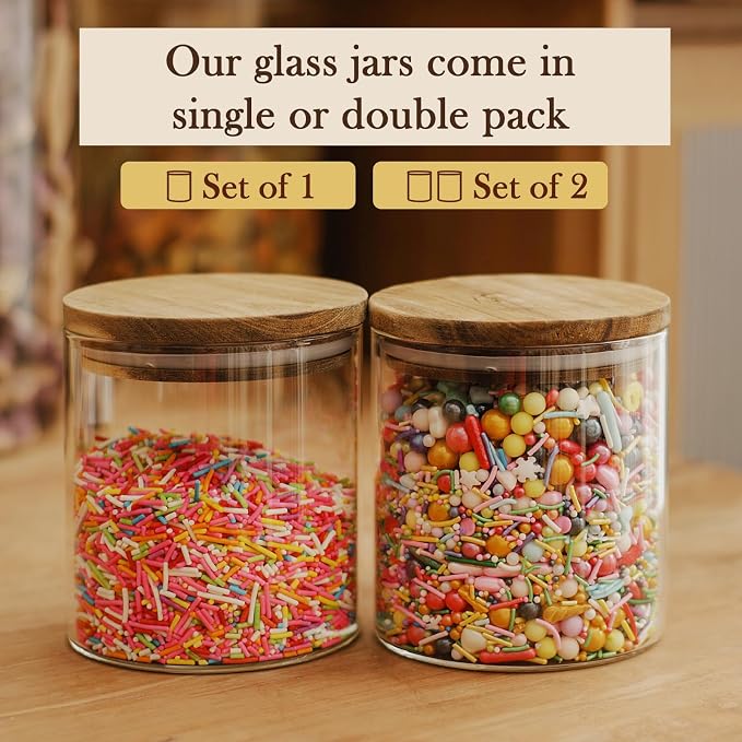 Labina Glass Storage Container Airtight Food Jars Kitchen Canister with Wood Lids, 20 Oz Wide Mouth Pantry Organization Glass Jar for Flour, Sugar, Cookie, Spagetti, Nuts and Candy
