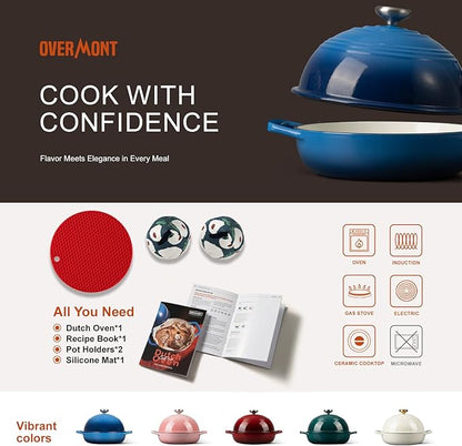 Overmont 6QT Enameled Cast Iron Bread Oven — Taller Body for Even Baking, Durable & Easy-to-Clean, Includes Dome Lid, Cotton Potholders & Cookbook, Perfect for Home Bakers & Sourdough Enthusiasts