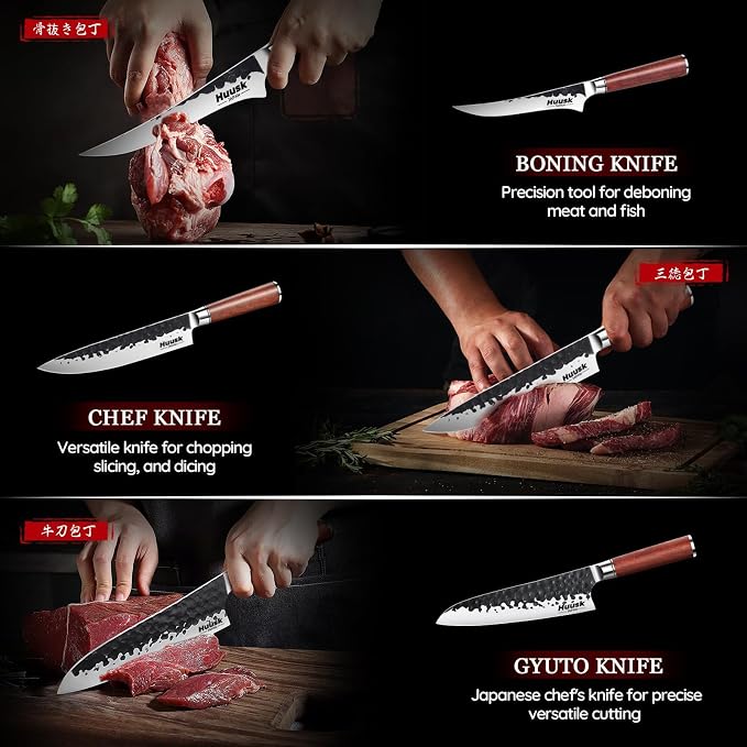 Huusk Japanese Chef Knife Set 6 pcs, Kitchen Knives with Hand-forged High Carbon Steel Blade, Sharp Cooking Knife Set with Ergonomic Wood Handle, Professional Kitchen Knives Sets, Gift Idea for Men