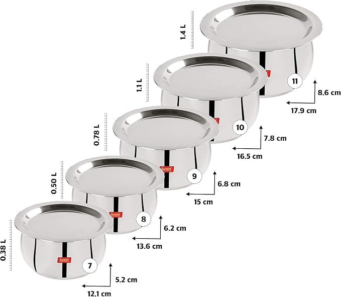 Sumeet Stainless Steel Belly Shape 5 Pc Tope/Cookware/Pot Set with Lid 380ML, 500ML, 780ML, 1.1Ltr, 1.4Ltr, (Silver)