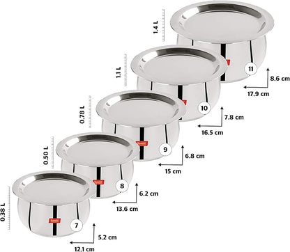 Sumeet Stainless Steel Belly Shape 5 Pc Tope/Cookware/Pot Set with Lid 380ML, 500ML, 780ML, 1.1Ltr, 1.4Ltr, (Silver)