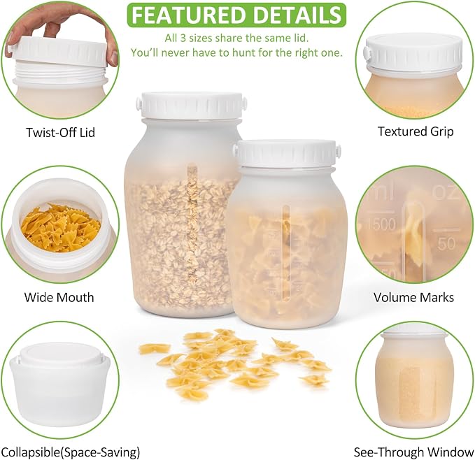 Silicone Pantry Canister Set with Lid for Dry Food Storage | Shatterproof & Lightweight | Twist-Off Lid, Wide-Mouth, Airtight, Collapsible for Space-Saving, Dishwasher Safe, 3 Pack (32oz/50oz/64oz)