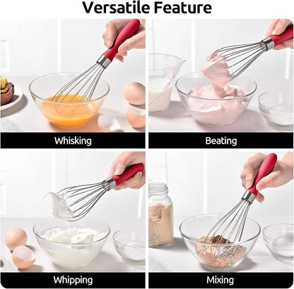 U-Taste 9" Small Egg Whisk: 18/10 Stainless Steel Kitchen Cooking Wire Balloon Wisk, Heavy Duty Metal Beater Stirrer, Manual Baking Tool with 6 Flex Wires for Hand Mixing, Blending Sauce (Red)