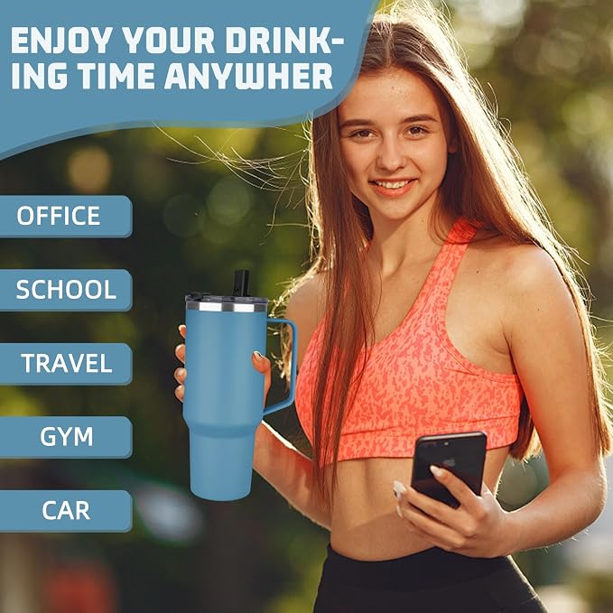 40 oz Tumbler with Handle and Flip Straw, 100% Leakproof Insulated Tumbler with Lid and Straw, Stainless Steel Travel Coffee Mug, Insulated Coffee Thermal Cup for Cold and Hot (Maya Blue)