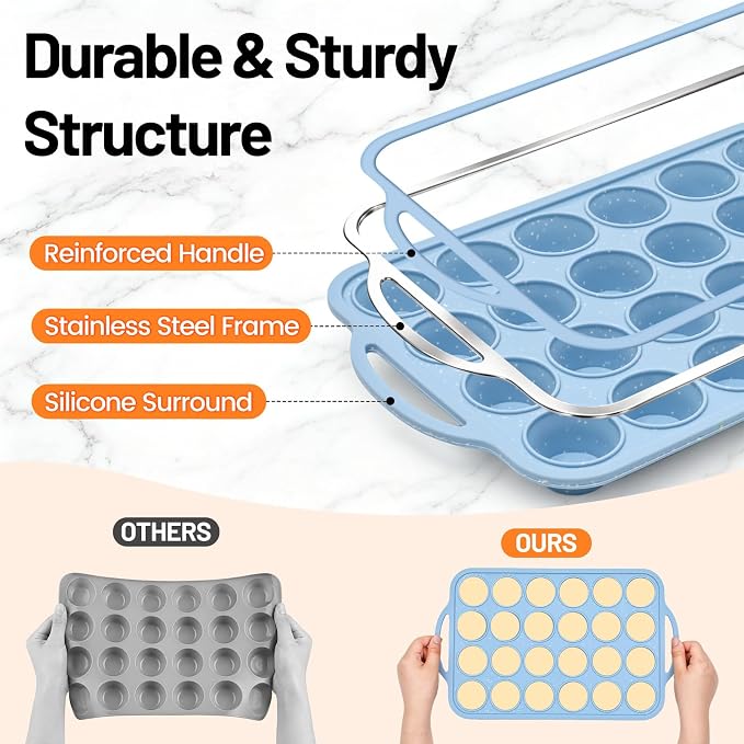 CAKETIME Mini Cupcake Pans, Metal Reinforced Frame Silicone Mini Muffin Pan Nonstick 24 Cups Easy to Handle for Baking Muffins, Cupcakes, Egg Bites 1 Pack