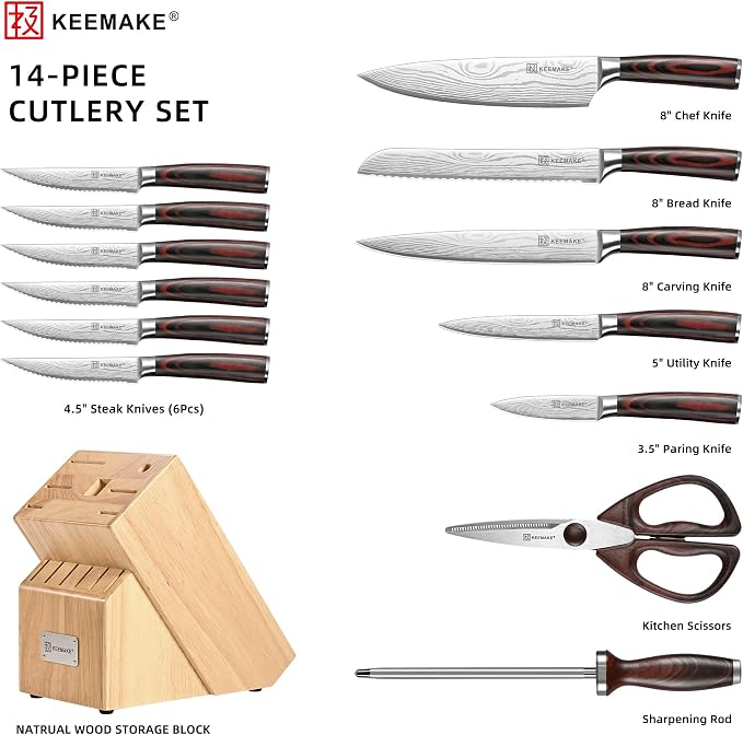 KEEMAKE 14-Piece Knife Set with Block,Ultra Sharp Knife Block Set High Carbon Stainless Steel Kitchen Knife Set Professional Chef Knife Set with Ergonomic Pakkawood Handle and Sharpener