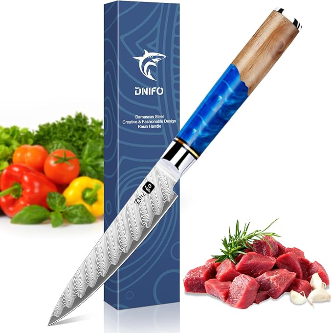 Kitchen Utility Knife 5 Inch, Japanese VG10 Steel Damascus Paring knife, Small Kitchen Chef Knife with Gift Box and Resin Wood Handle, Ideal Gift for Your Beloved Men or Women