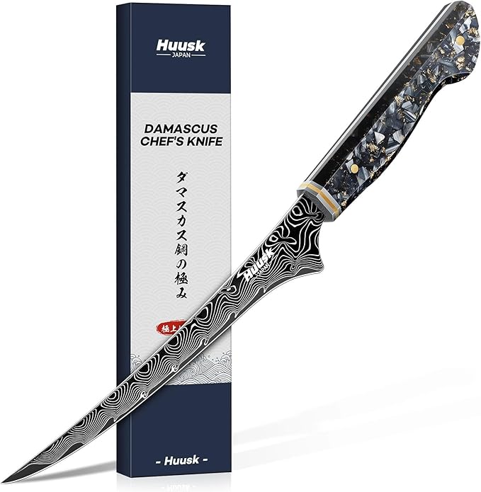 Huusk Damascus Fillet Knife 7 Inch, Ultra Sharp Japanese Boning Knife for Meat Poultry Chicken Trimming, Fish Knives with Resin Handle, Gifts for Men Women