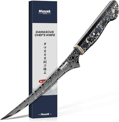 Huusk Damascus Fillet Knife 7 Inch, Ultra Sharp Japanese Boning Knife for Meat Poultry Chicken Trimming, Fish Knives with Resin Handle, Gifts for Men Women