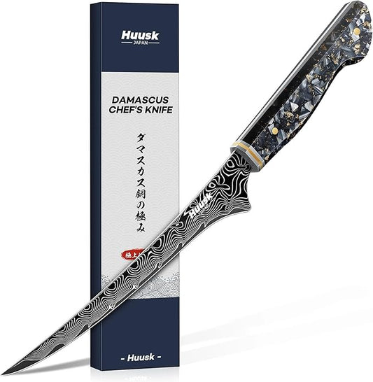 Huusk Damascus Fillet Knife 7 Inch, Ultra Sharp Japanese Boning Knife for Meat Poultry Chicken Trimming, Fish Knives with Resin Handle, Gifts for Men Women