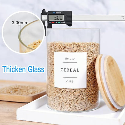 3 Pcs Glass Canisters with Airtight Bamboo Lids and 42 Kitchen Pantry Labels Preprinted - Clear Glass Flour and Sugar Storage Container Set - Large Glass Jars with Wood Lids(100 OZ/54 OZ/27 OZ)